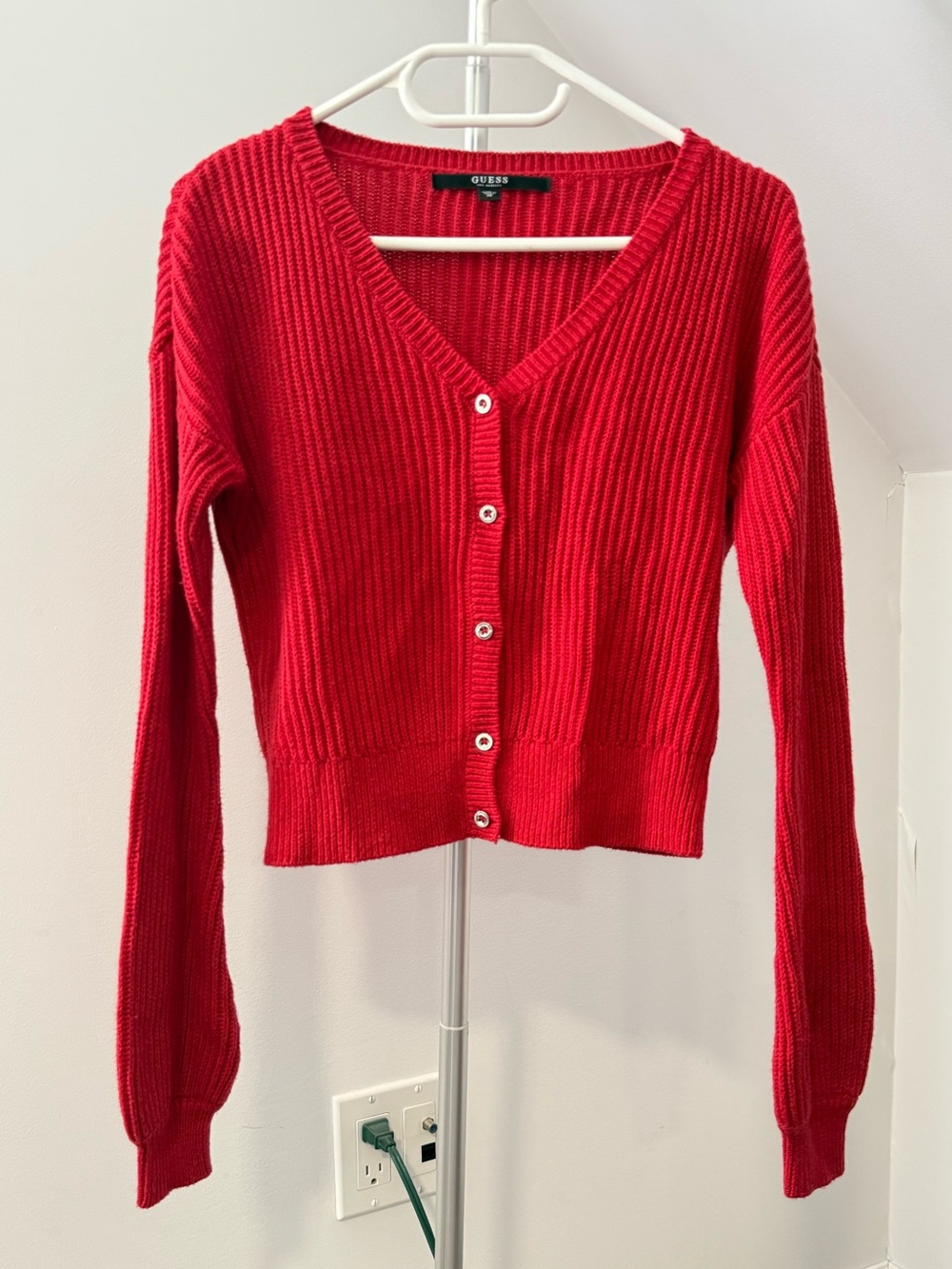 GUESS Bright Red Ribbed Button-Front Cardigan